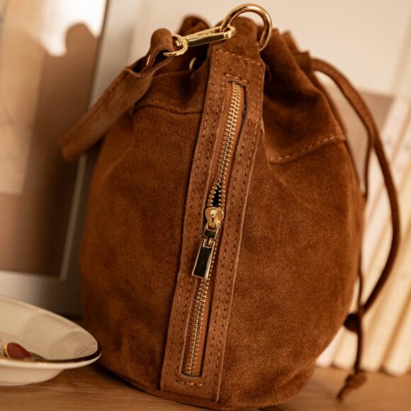 Camel Suede Top Handle/Cross Body Bucket Bag 100% Suede - Picture 3 of 4